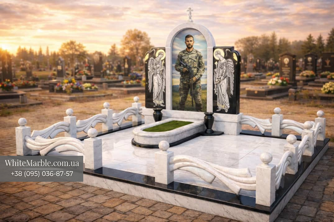 Памятник военному из белого мрамора фото 50-06