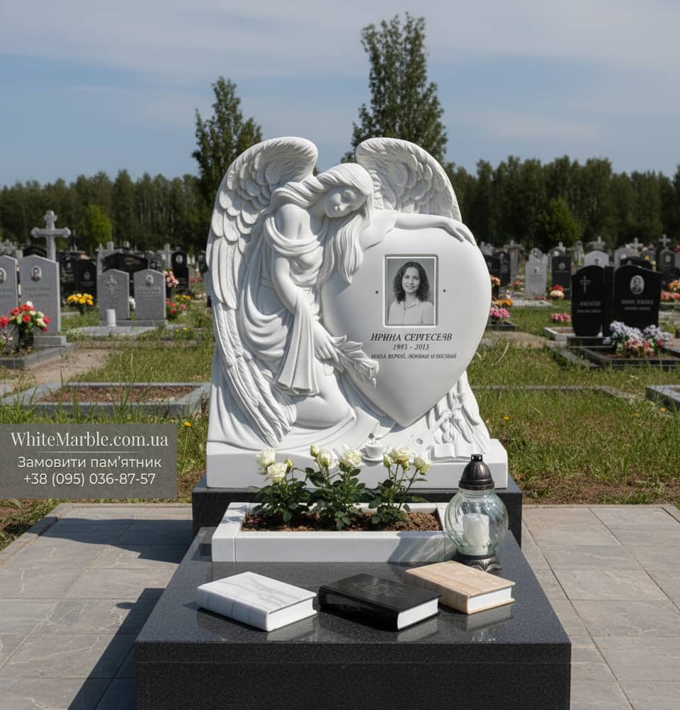 Памятник с ангелом из белого мрамора 10-05